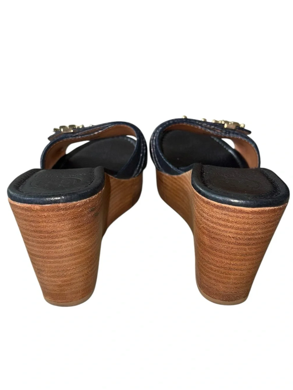 Tory Burch Elina Black Leather Gold Logo Plstform Wedge Sandals - 8.5